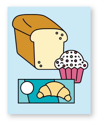 Light blue background with a loaf of bread, cupcake, and croissant.